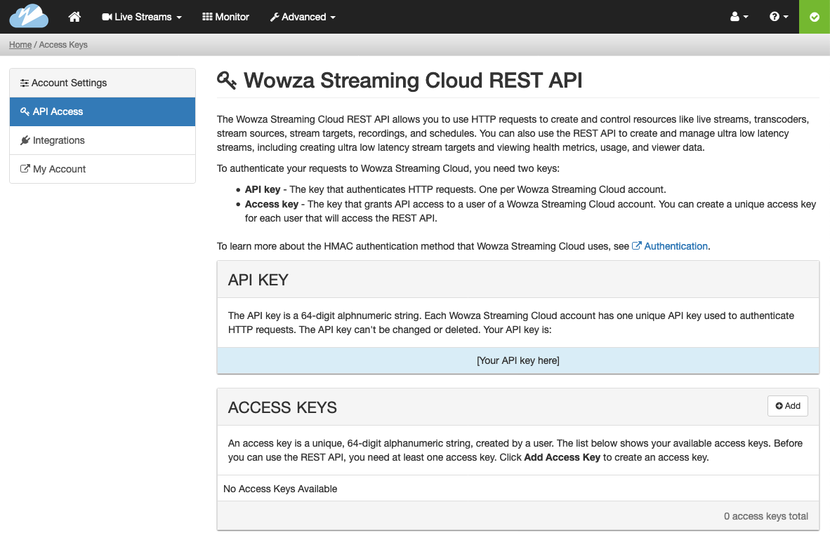 Access the API page in Wowza Streaming Cloud