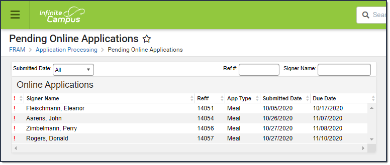 Screenshot of the Pending Online Applications tool. 
