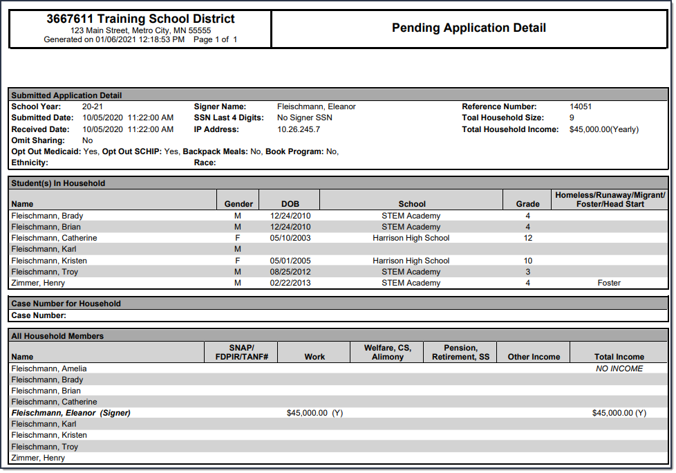 Screenshot of an example of a printed report. 