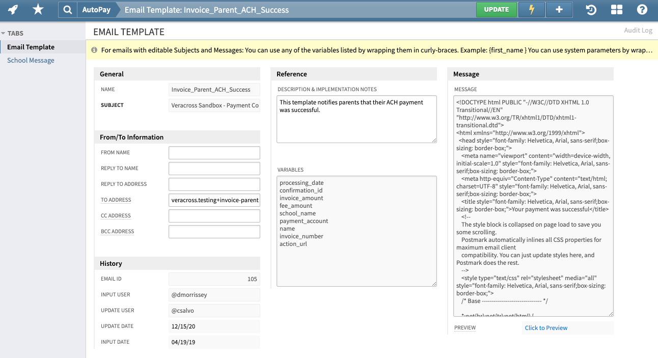 Update: VC Accounting Email Templates Learn Veracross