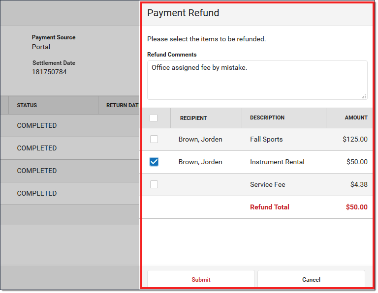 Screenshot of a payment refund