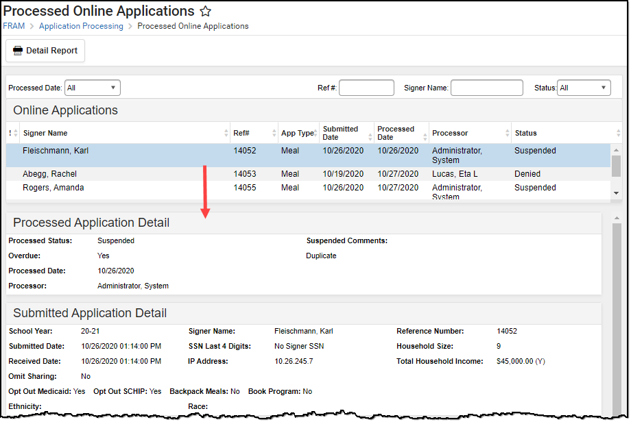 Screenshot of the Processed Online Applications tool. 