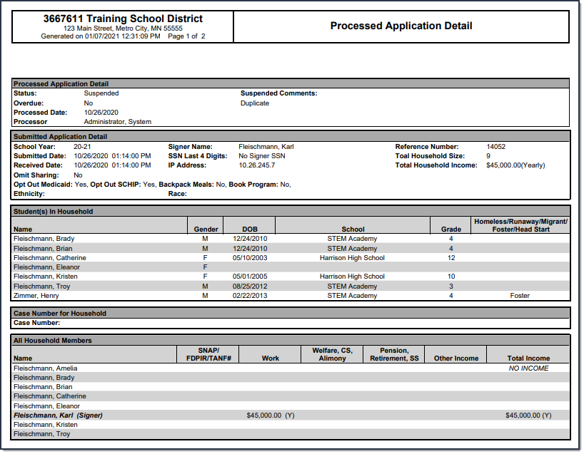 Screenshot of an example of the printed report. 