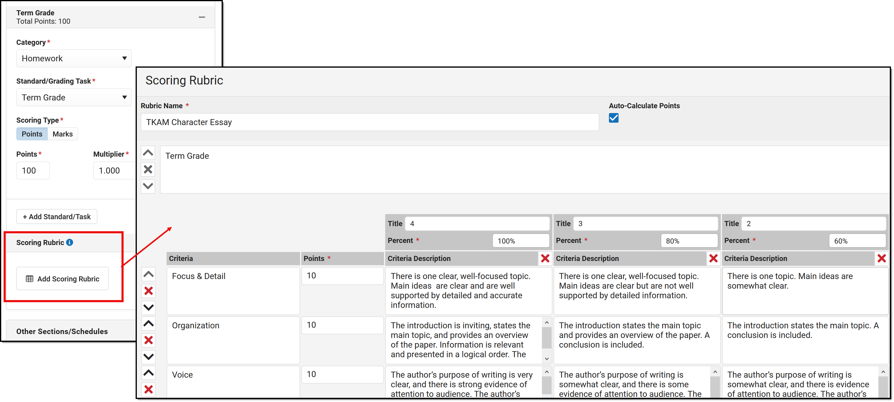 Screenshot highlighting the Add Scoring Rubric button in the assignment editor and showing a sample scoring rubric. 