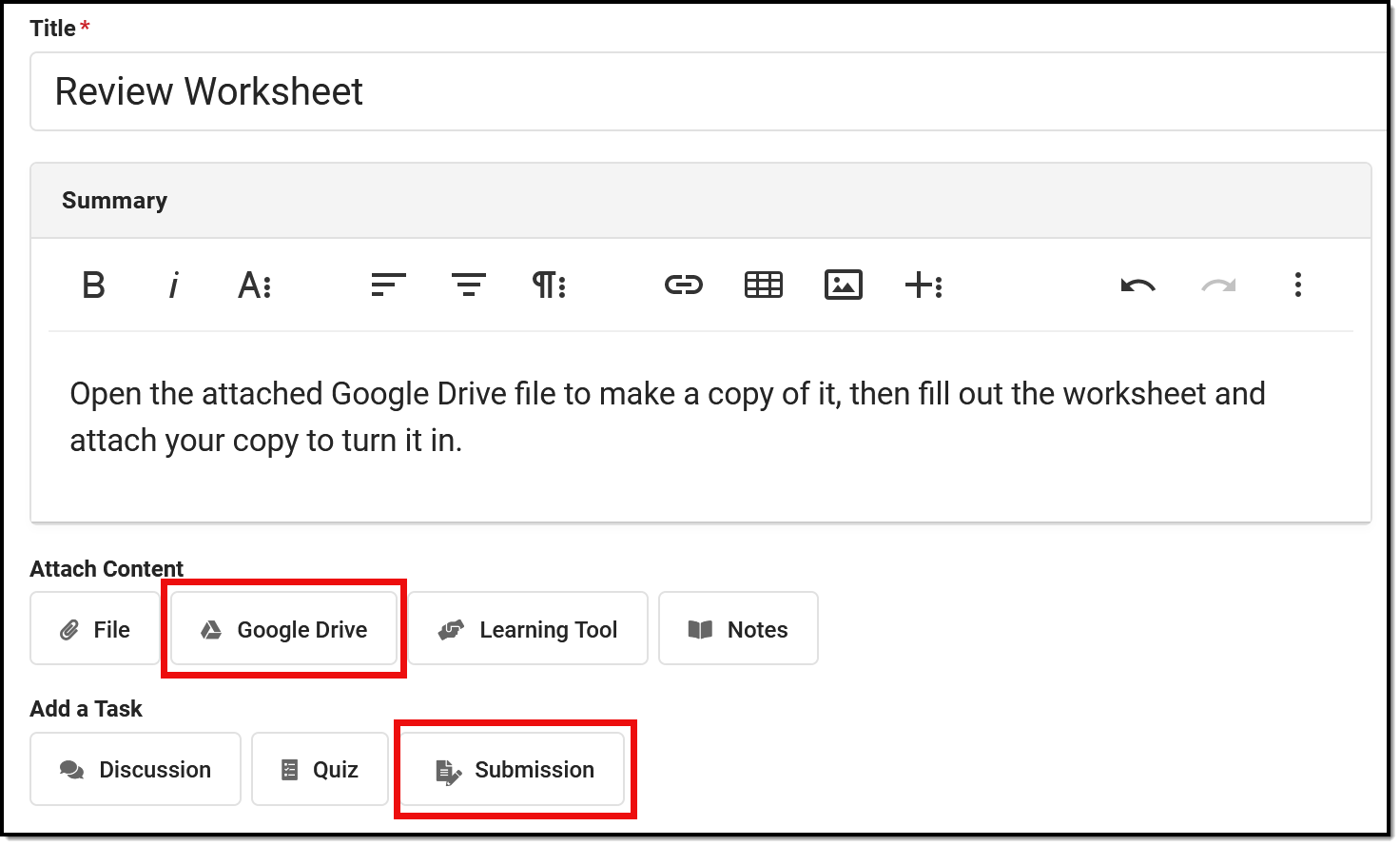 Screenshot of an assignment with the two google drive options highlighted: attaching google drive content and allows students to do so via submissions.  