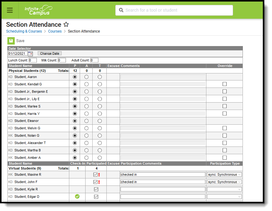 Screenshot of the Section Attendance Editor