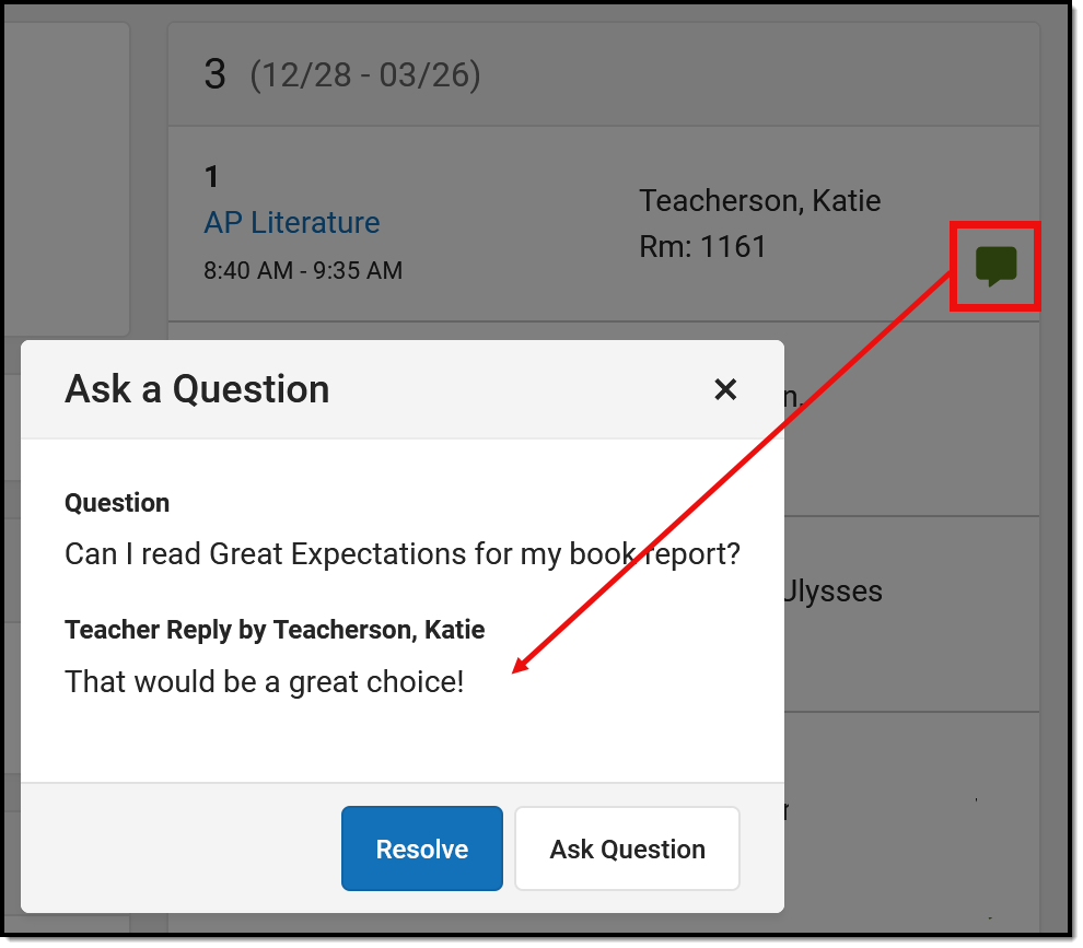 Screenshot highlighting the answered question icon in Campus Student and showing the teacher's response. 
