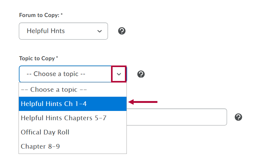 Copy topic menu with drop down identified and topic choice indicated.