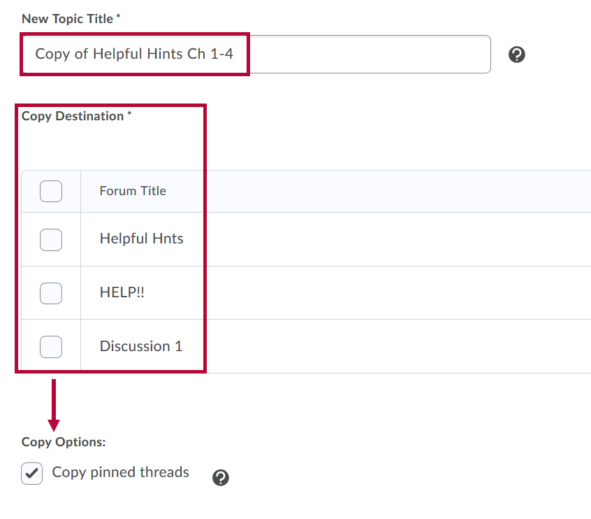 Topic copy options with title field and destination forums identified and Copy Options choices indicated.