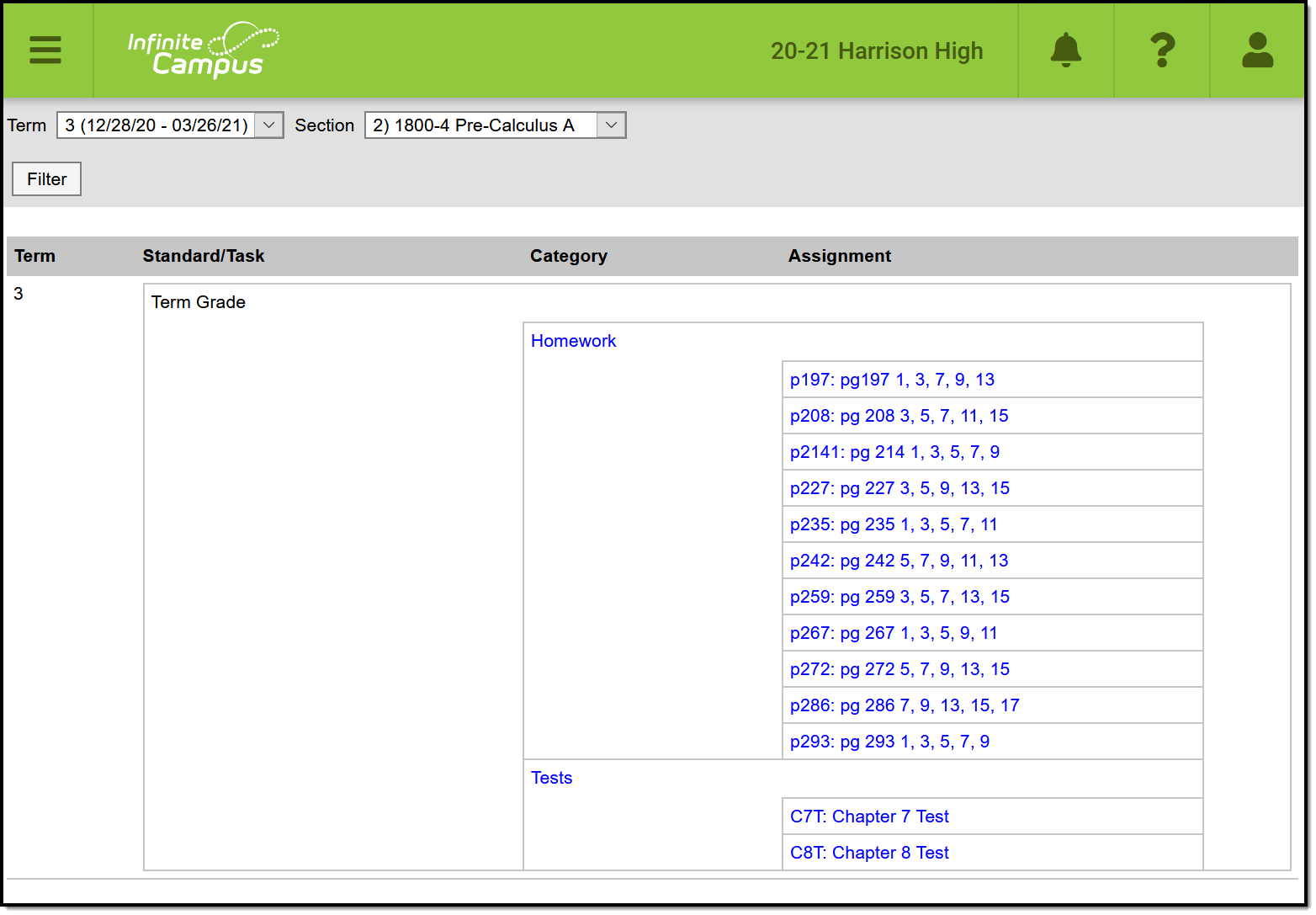 Screenshot of the Assignment Overview with all assignments listed for the selected Section and Term.  