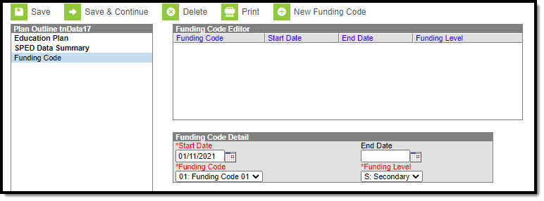 Screenshot of the funding code editor.