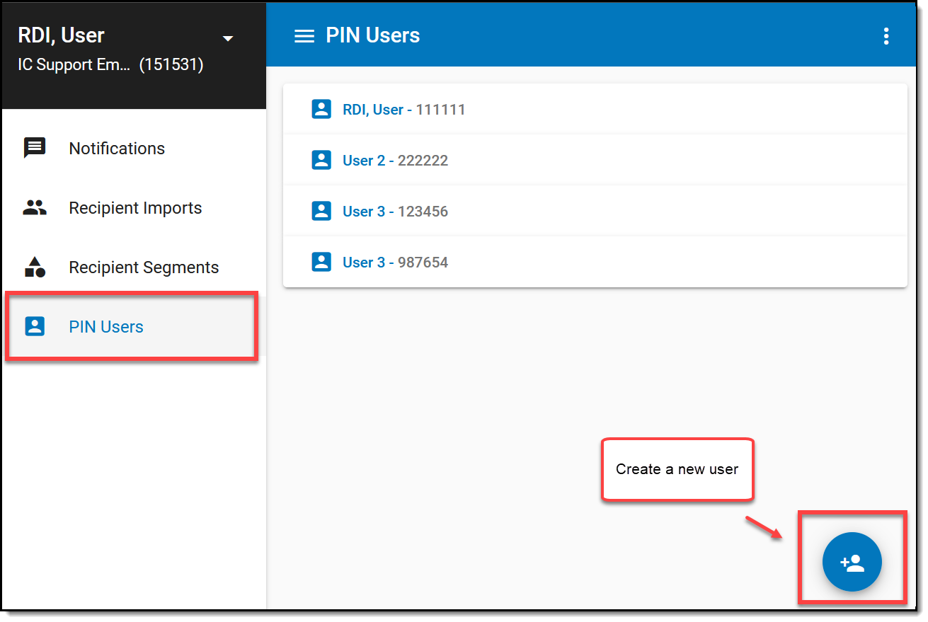 Screenshot of the PIN Users tool in Remote Dial In- the create new user icon is highlighted.