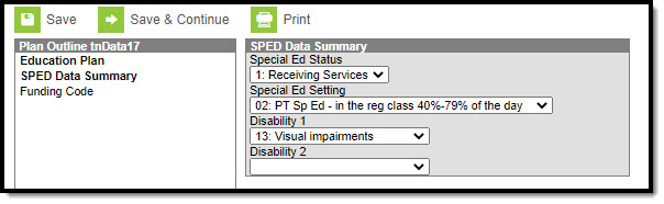 Screenshot of the SPED Data summary editor.