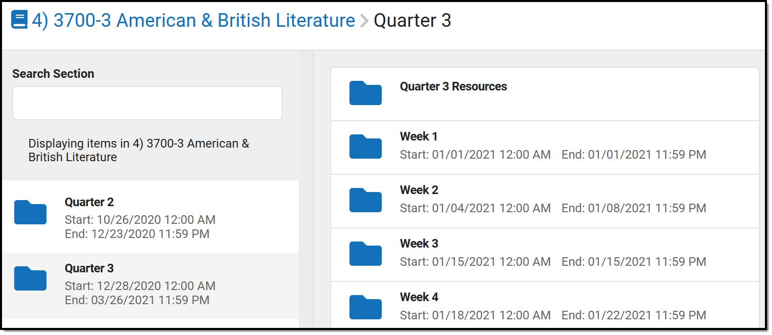 Screenshot of the Curriculum list with folders for each week of the quarter. 
