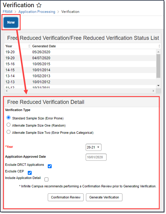 Screenshot of the Verification tool after the New button is clicked. The Free Reduced Verification Detail editor is highlighted.