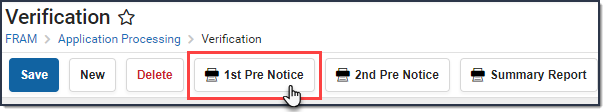 Screenshot of the Verification tool where the First Pre-notice button is highlighted.