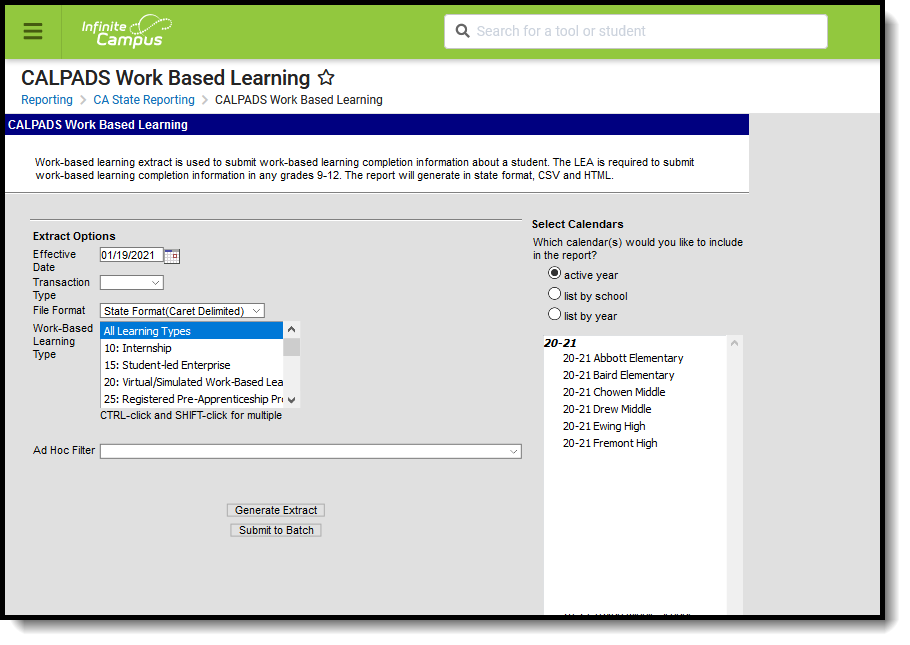 Screenshot of the CALPADS Work Based Learning extract editor. 