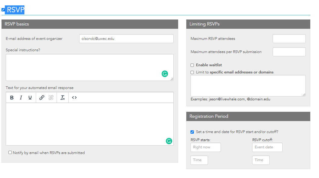 Complete the available fields in the RSVP category
