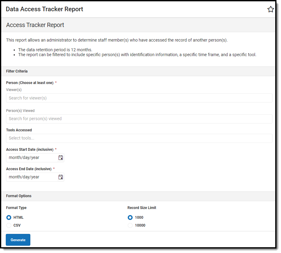 Screenshot of Data Access Tracker Report