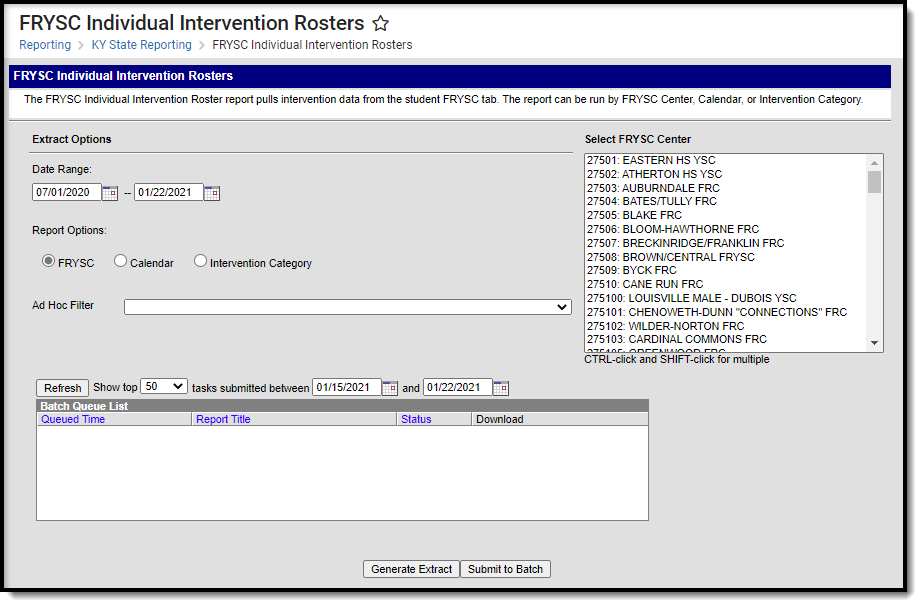Screenshot of the FRYSC Individual Intervention Rosters report editor. 