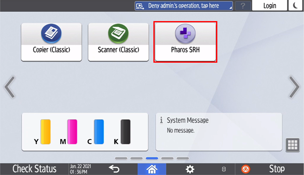 A printer touch panel Home Screen displaying several icons. The Pharos SRH icon is highlighted in red.
