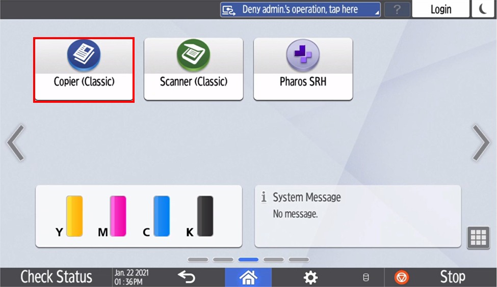 The Home Screen of the touch panel displaying three square icons. The Copier icon on the upper left is highlighted in red.