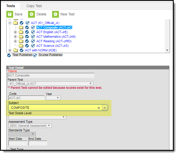 Screenshot highlighting the Subject field in the Test Setup tool with Composite displaying correctly.