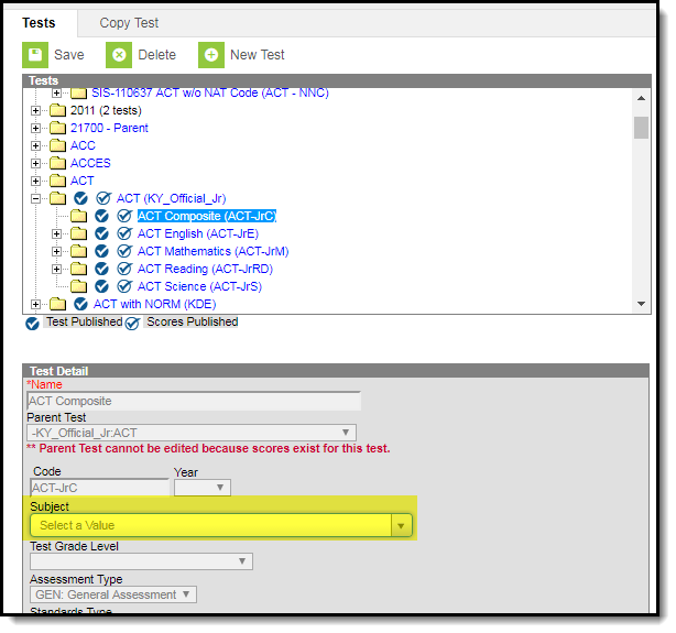 Screenshot highlighting the Subject field in the Test Setup tool.