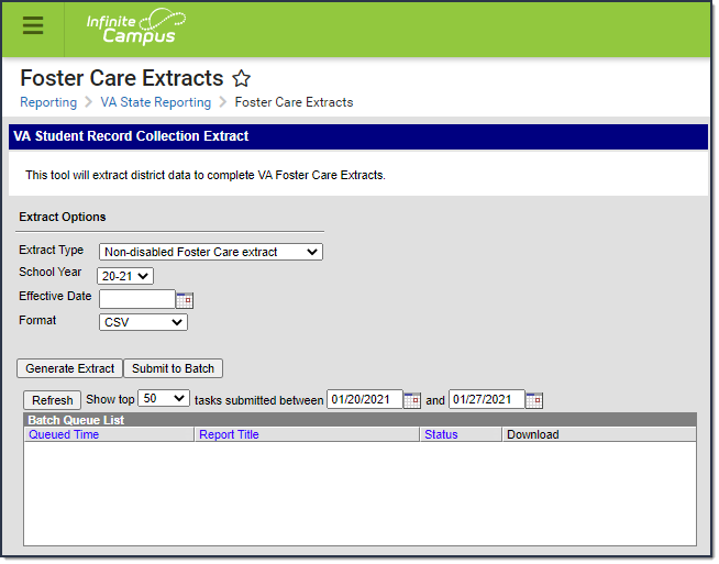 Screenshot of the Foster Care Extracts report editor.