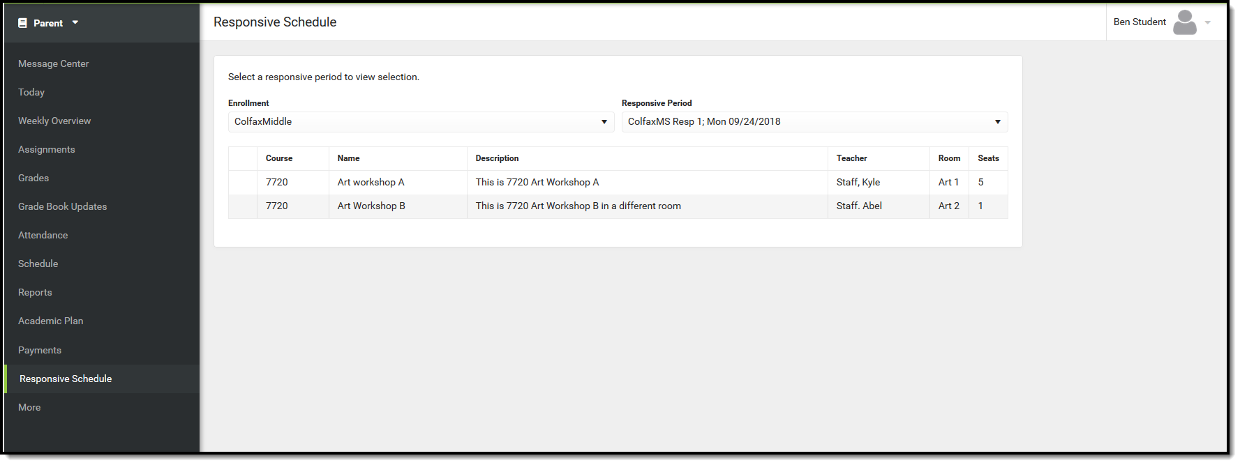 Screenshot of the responsive schedule tool in campus student.