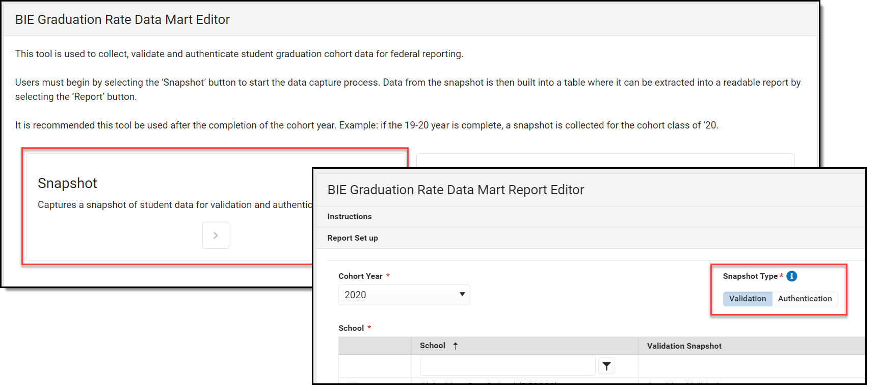 Screenshot of the Graduation Rate Data Mart Report Editor with snapshot types highlighted.