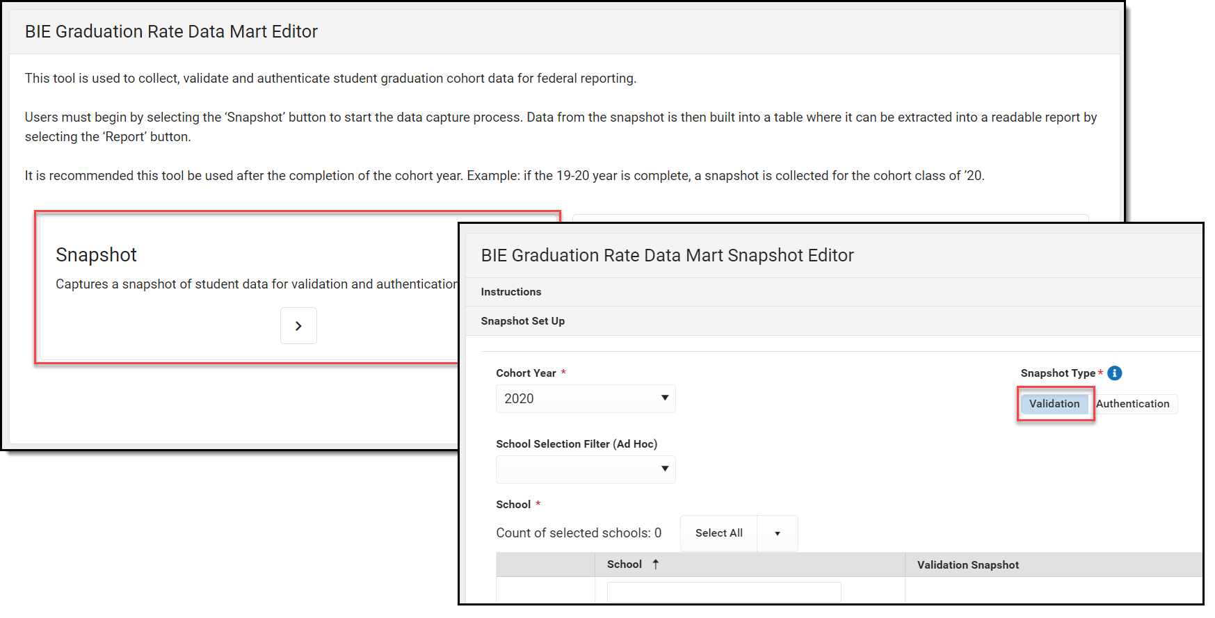 Screenshot of the Graduation Rate Data Mart Snapshot Editor with Validation type highlighted.