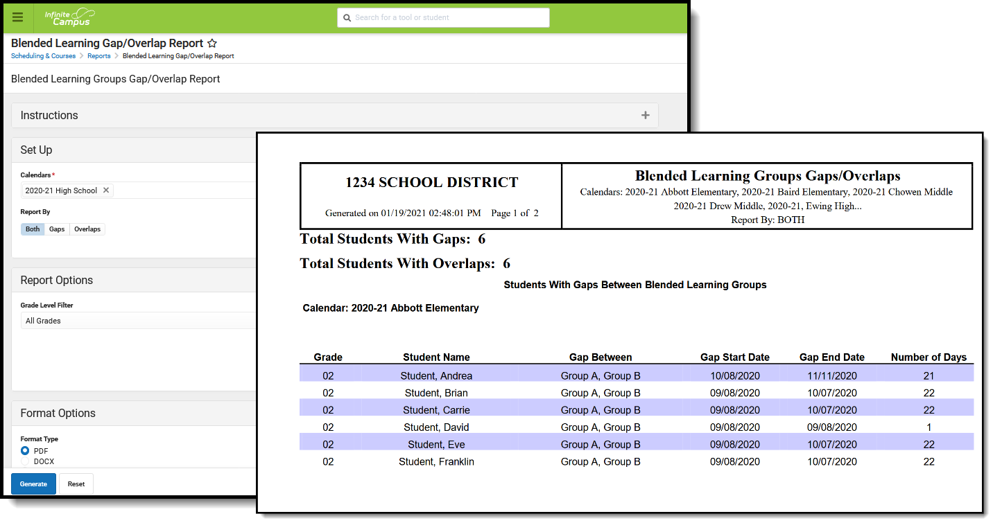 Screenshot of Blended Learning Gap/Overlap tool and report.