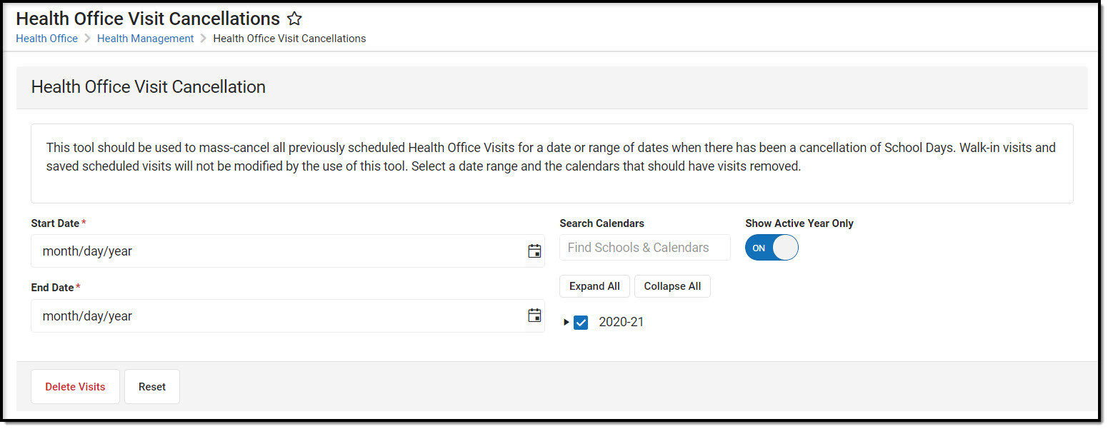 Screenshot of the Health Office Visits Cancellations Tool.