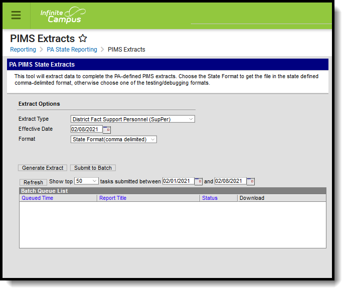 Screenshot of the district fact support personnel extract editor.
