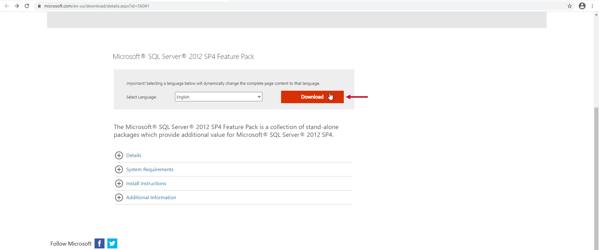 SQL Server 2012 SP4 Feature Pack select download to complete the download.