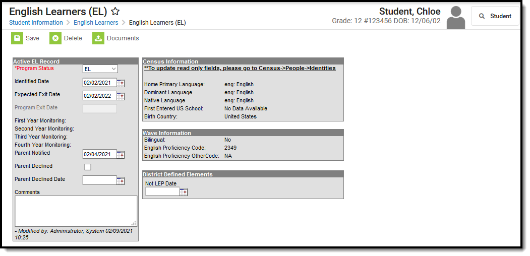 Screenshot of the English Learners tool. 