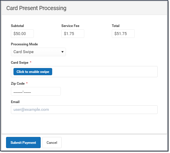 Screenshot of Card Present Processing window. The credit card payment is being made using a desktop card reader.
