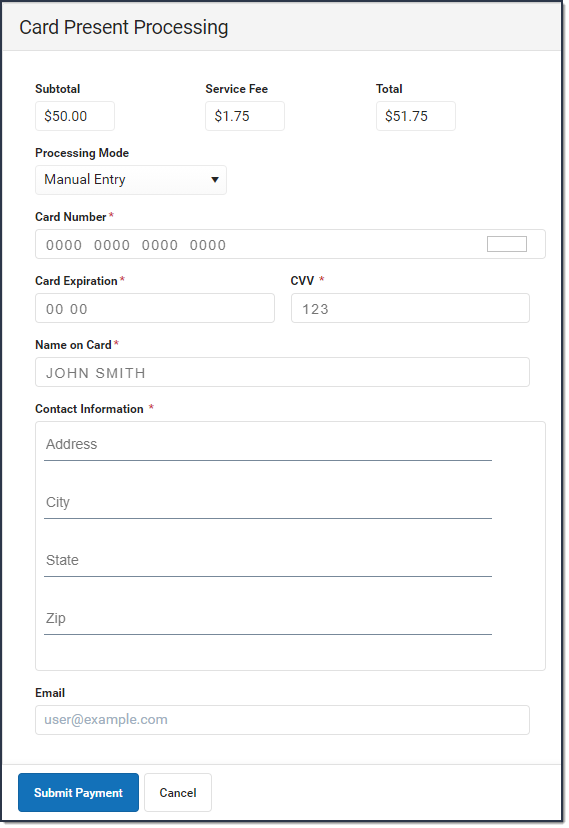 Screenshot of the Card Present Processing window when Manual Entry is selected in the Processing Mode dropdown list.
