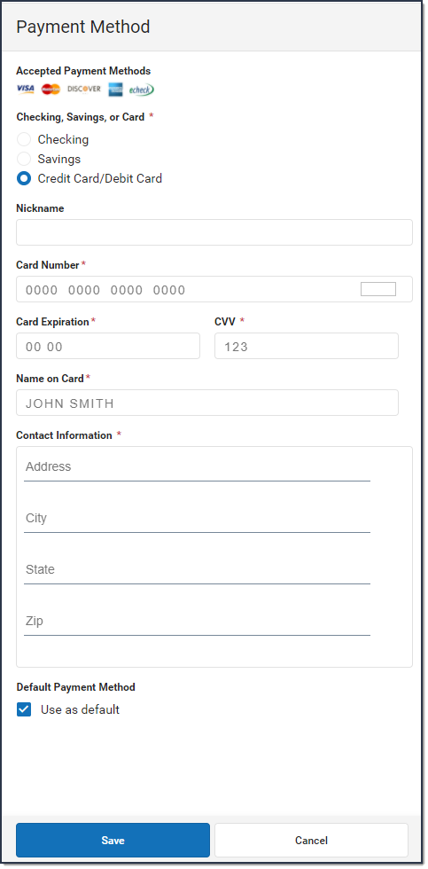 Screenshot of the Add a Payment Method highlighting Default Payment Method option