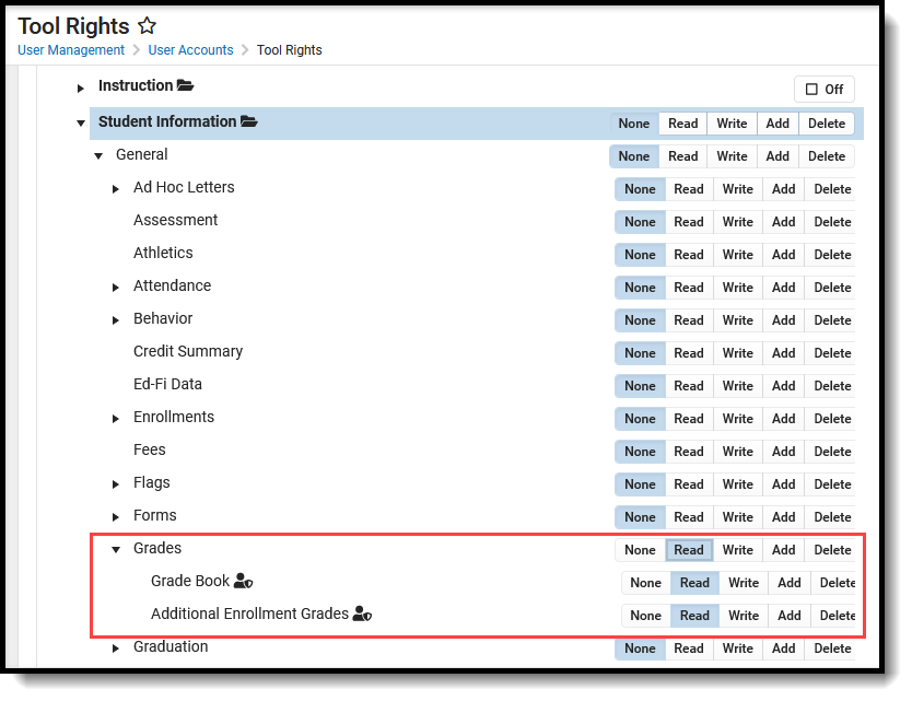 Screenshot of tool rights in the new style of Campus with the three relevant rights highlighted. 
