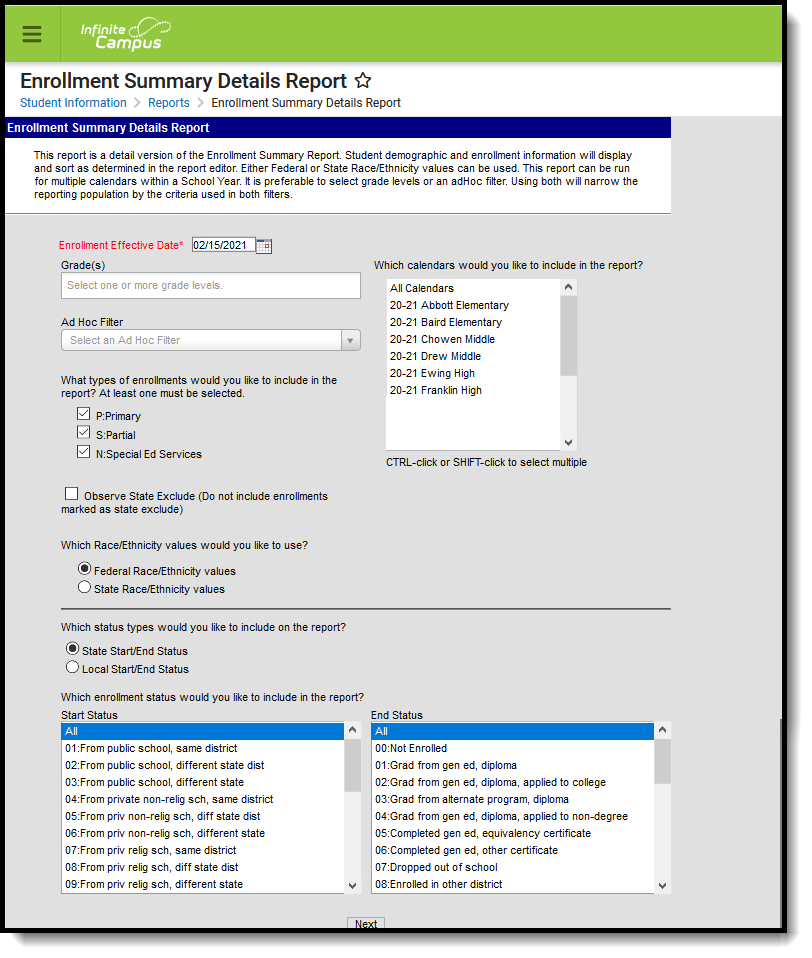 Screenshot of the Enrollment Summary Details Report, Page 1 Options.