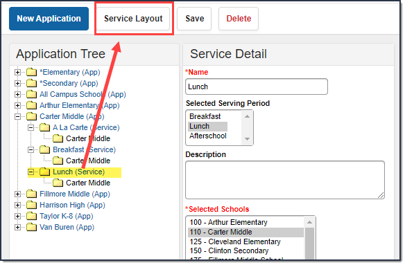 Screenshot of the service layout button