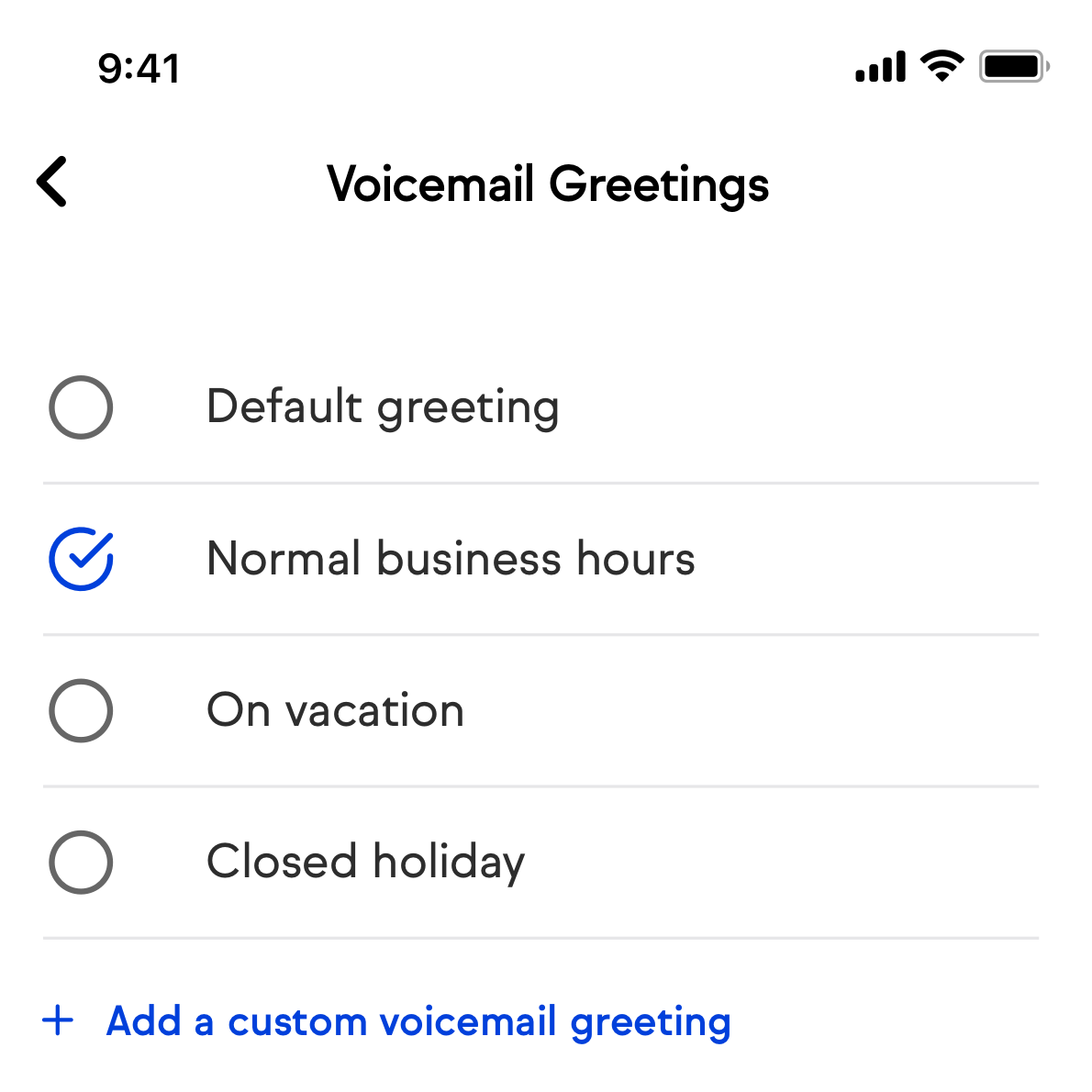 Screenshot of Keap Mobile App showing voicemail greetings selection for business line