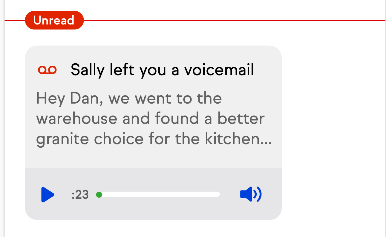 Screenshot of a voicemail transcription in the Keap Mobile app