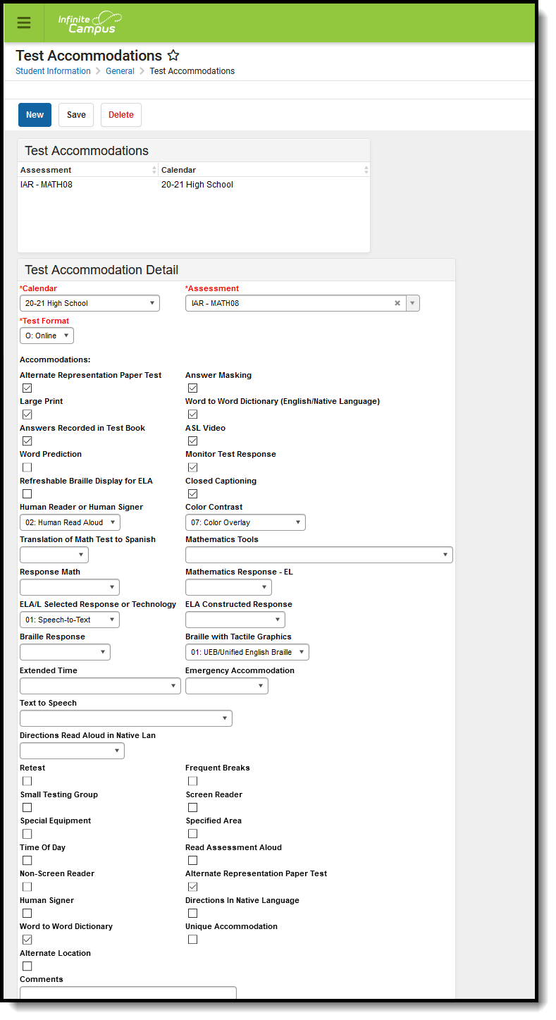 Screenshot of fields available in the Test Accommodations editor.
