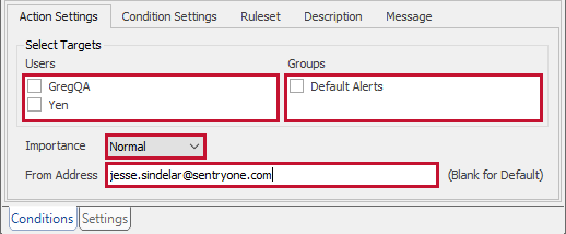 SQL Sentry Conditions pane Action Settings Select Targets