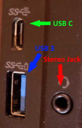 Image showing USBC port top left, USB port bottom left, and stereo jack bottom right.