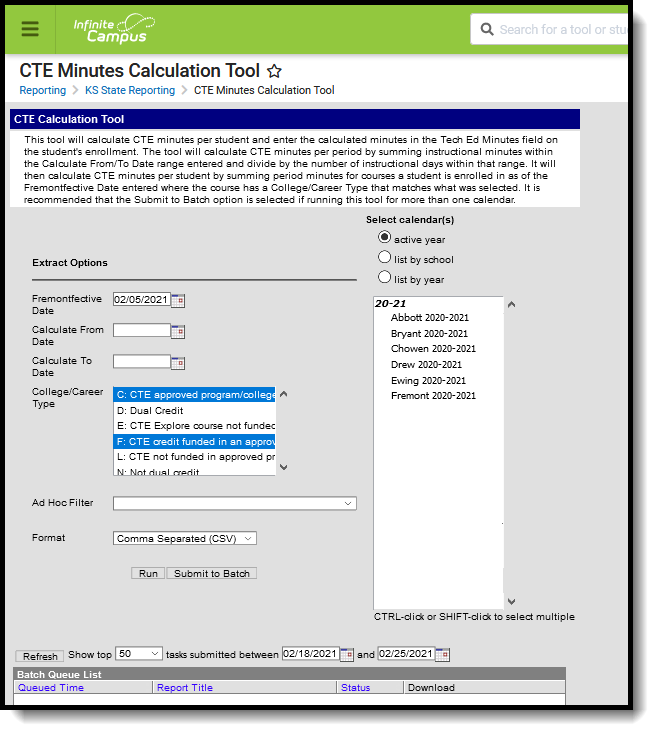 Screenshot of the CTE Minutes Calculation Tool.