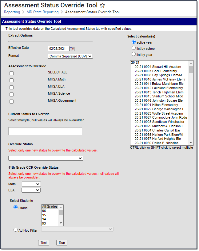 Image of the Assessment Status Override Tool Editor.